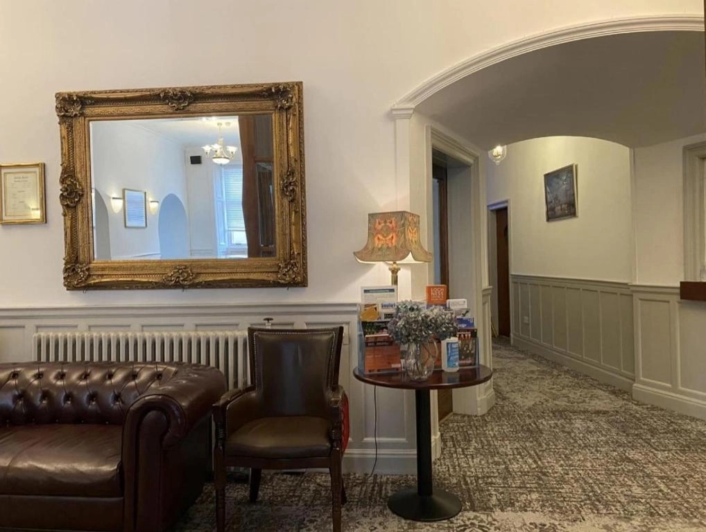 Hotel hallway and seating area